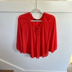 OVI Women’s Flowy Orange Blouse with Sleeves and Tie Neck - Size Medium
